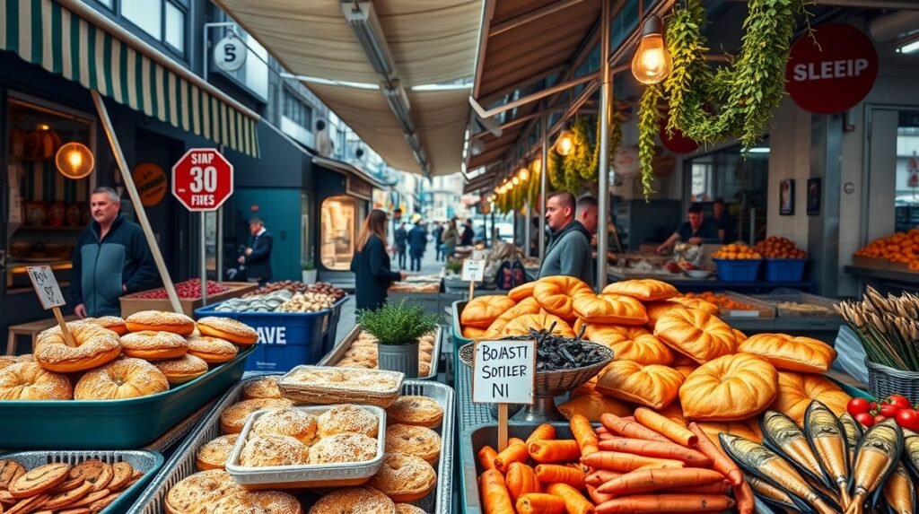Friss bougatsa és helyi ételek a thesszaloniki piacon.