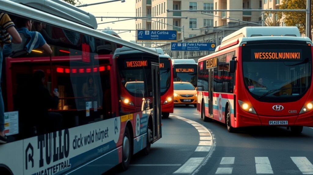 Thesszaloniki buszok a város közlekedésében, dugóban haladnak.