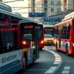 Thesszaloniki buszok a város közlekedésében, dugóban haladnak.