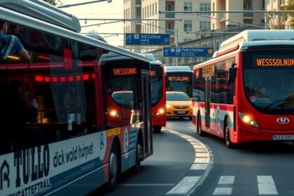 Thesszaloniki buszok a város közlekedésében, dugóban haladnak.