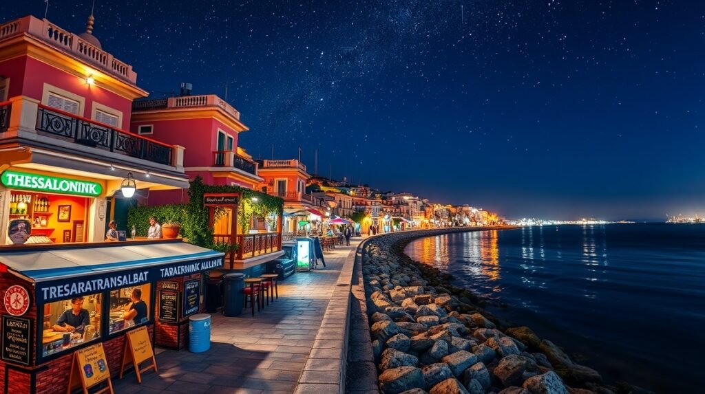 Thesszaloniki tengerparti tavernák és bárok éjszaka
