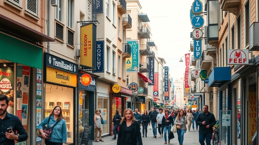 A Tsimiski utca Thesszalonikiben, tele üzletekkel és vásárlókkal.