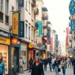 A Tsimiski utca Thesszalonikiben, tele üzletekkel és vásárlókkal.