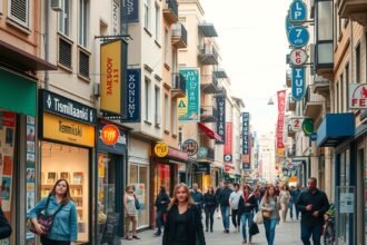 A Tsimiski utca Thesszalonikiben, tele üzletekkel és vásárlókkal.