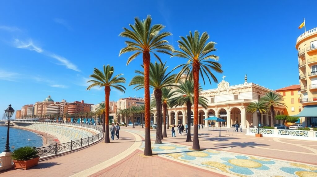 Séta az Explanada de España pálmafái alatt Alicante városában.