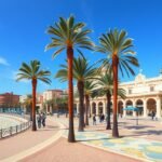 Séta az Explanada de España pálmafái alatt Alicante városában.