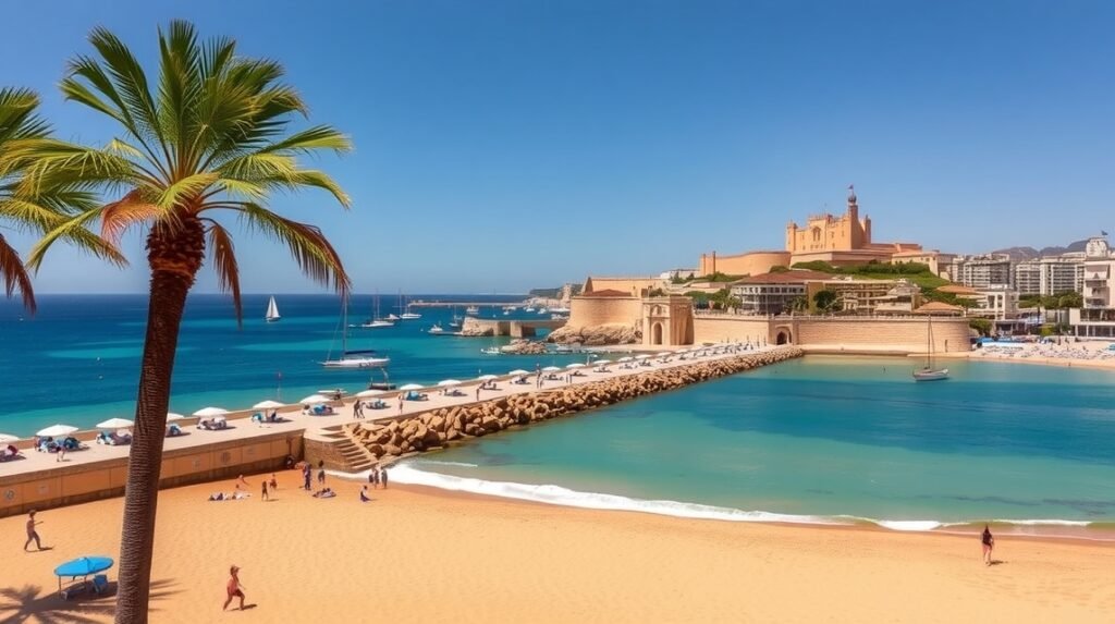 Alicante város látképe a Playa del Postiguet homokján