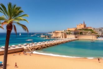 Alicante város látképe a Playa del Postiguet homokján