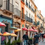 A Gomba utca (Calle de las Setas) Alicante színes házakkal és gombákkal díszített sétánya.