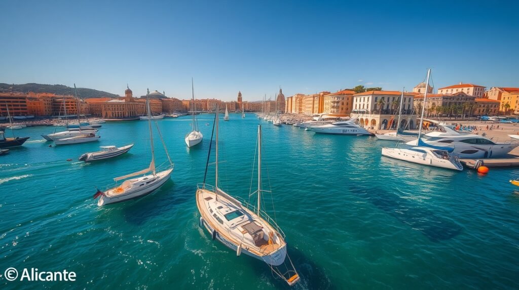Alicante kikötője vitorlásokkal és szépséges épületekkel