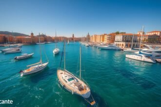 Alicante kikötője vitorlásokkal és szépséges épületekkel