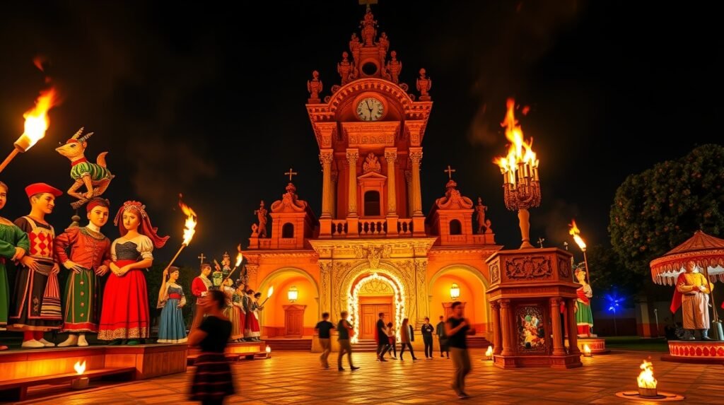 A Hogueras Múzeum estéjén színes felvonulás lángokkal és hagyományos szobrokkal.