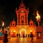 A Hogueras Múzeum estéjén színes felvonulás lángokkal és hagyományos szobrokkal.