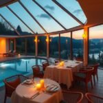 Romantikus wellness szálloda éttermének belső nézete medencével