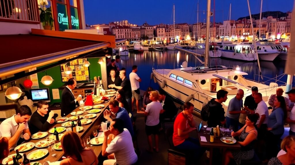 Tapas bárok éjszakai hangulata Alicante kikötőjénél