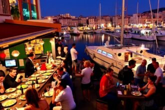 Tapas bárok éjszakai hangulata Alicante kikötőjénél