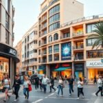 Alicante város vásárlóutcája a Maisonnave sugárúton, üzletekkel és látogatókkal.