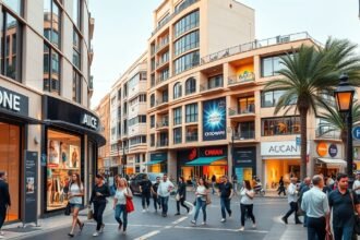 Alicante város vásárlóutcája a Maisonnave sugárúton, üzletekkel és látogatókkal.