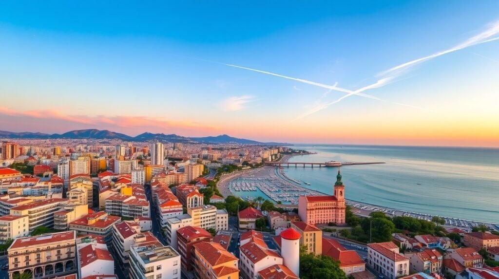 Kilátás Alicante városára naplementében, tengerparttal és kikötővel.