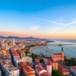 Kilátás Alicante városára naplementében, tengerparttal és kikötővel.