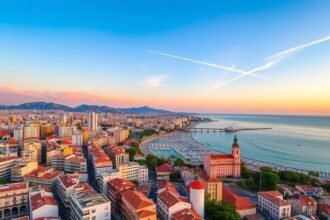 Kilátás Alicante városára naplementében, tengerparttal és kikötővel.