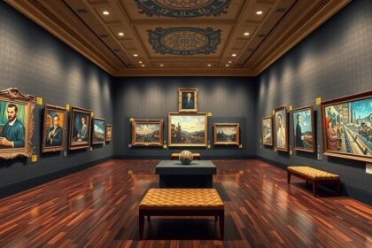A Van Gogh Múzeum kiállítása Amszterdamban, festményekkel és művészetekkel.