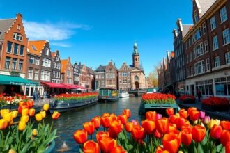 Színes tulipánok a Bloemenmarkt úszó virágpiacon Amszterdamban