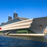 A NEMO Tudományos Múzeum hajóformájú épülete Amszterdamban.