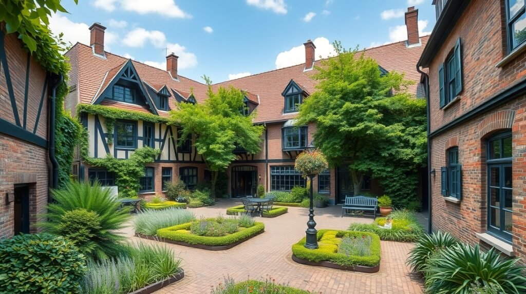 A Begijnhof csendes belső udvara Amszterdamban, zöld kertekkel