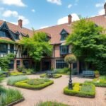 A Begijnhof csendes belső udvara Amszterdamban, zöld kertekkel