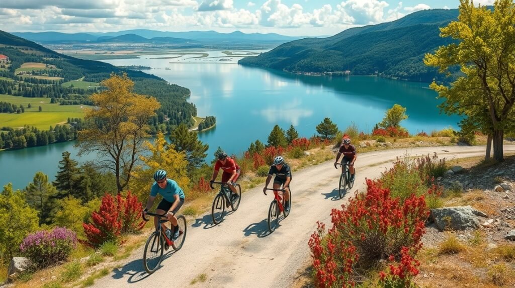 Kerékpárosok a Tisza-tó közelében, gyönyörű természetben