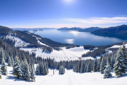 Csorba-tói sípályák hófödte panorámája és fenyőfák a hegyekben