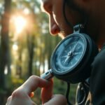 Férfi iránytűt használ a természetben való tájékozódásra.