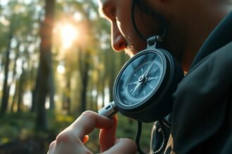 Férfi iránytűt használ a természetben való tájékozódásra.