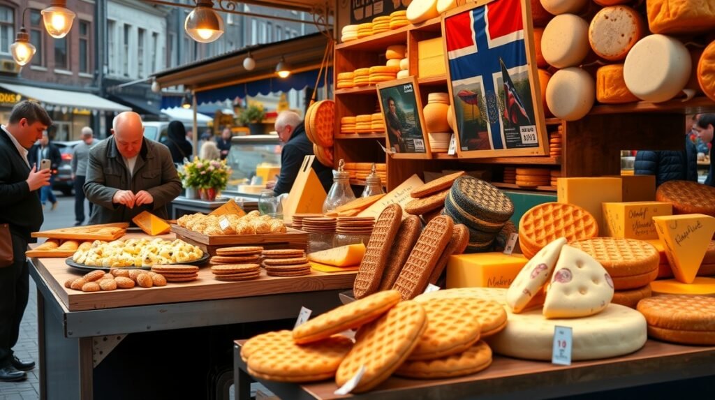 Holland sajtok és stroopwafel a piacon Amszterdamban