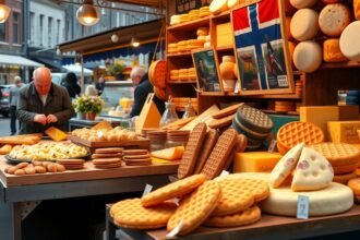 Holland sajtok és stroopwafel a piacon Amszterdamban