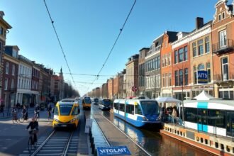 Amszterdami villamosok és biciklisek a város közlekedésében