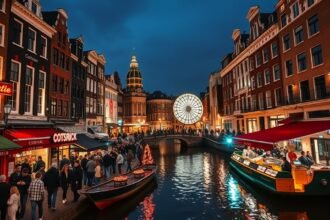 Amszterdam éjszakai látkép a Leidseplein közelében, hangulatos coffee shopokkal.