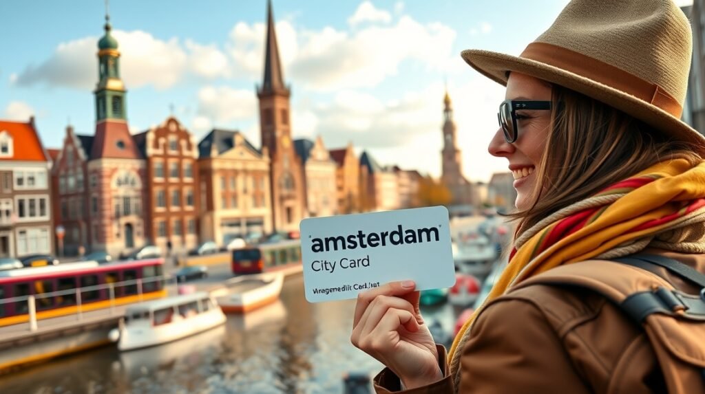 Nő Amszterdami City Carddal a csatornánál