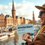 Nő Amszterdami City Carddal a csatornánál