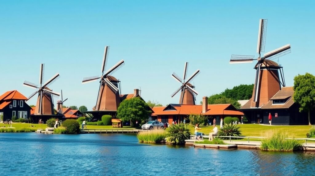 Zaanse Schans szélmalmok és hagyományos házak Hollandiában