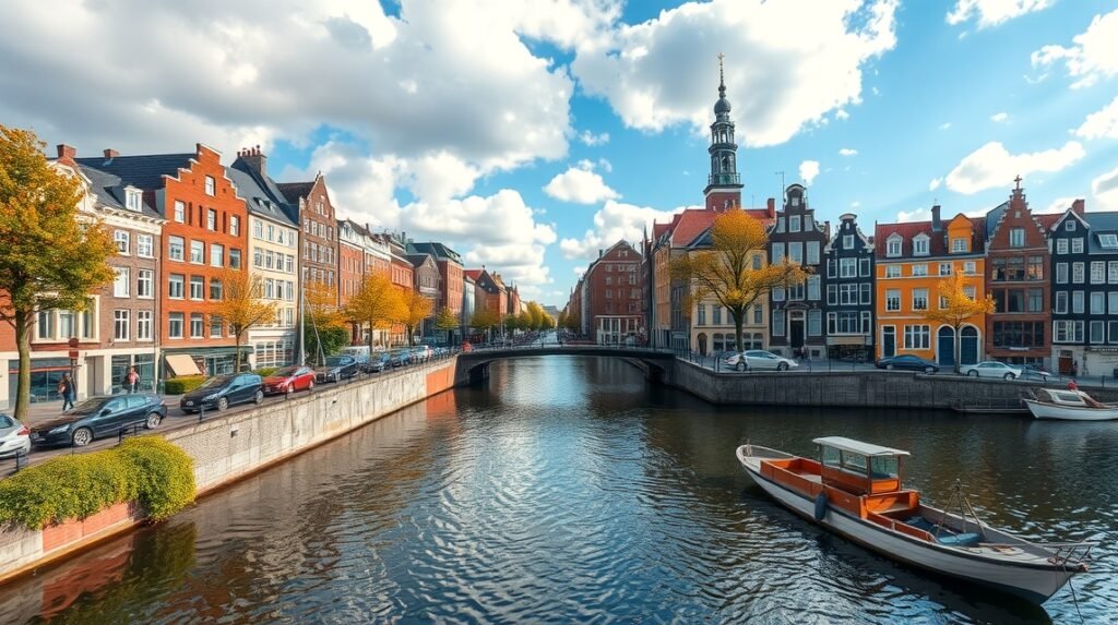 Amszterdam városképe a csatornával és a színes házakkal.