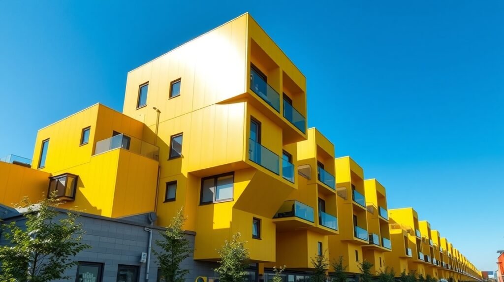 Kockaházak Rotterdam élénk sárga épületei kék éggel