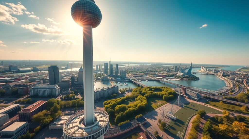 Kilátás az Euromast toronyból Rotterdamban, modern épületekkel és a Maas folyóval.