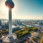 Kilátás az Euromast toronyból Rotterdamban, modern épületekkel és a Maas folyóval.