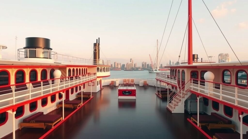 Az SS Rotterdam gőzhajó fedélzete lenyűgöző kilátással a városra.