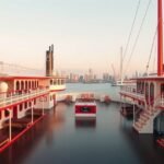 Az SS Rotterdam gőzhajó fedélzete lenyűgöző kilátással a városra.