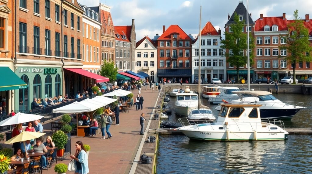 Az Oude Haven teraszai kávézókkal és yachtokkal Rotterdam városában.