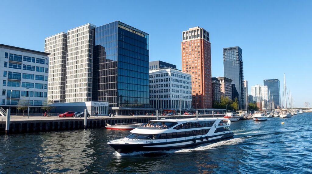 Hajó a rotterdami kikötő modern felhőkarcolói között