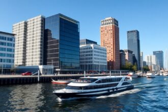 Hajó a rotterdami kikötő modern felhőkarcolói között